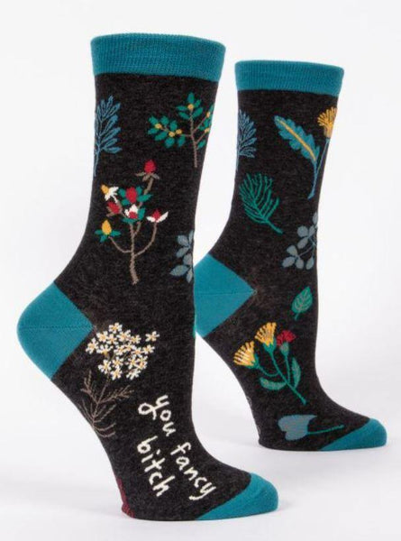 Black crew socks with floral patterns and the text "You fancy b***h".