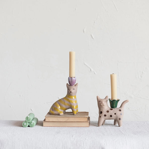 Handpainted Stoneware Cat Taper Holder / Assorted Styles