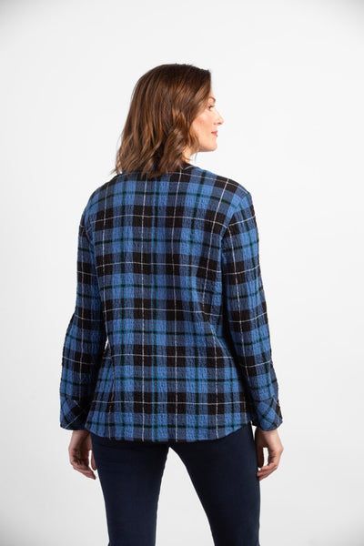 Habitat Modern plaid shirt in blue. blue and black plaid print, button down front, soft v-neck, long sleeves and relaxed fit. chest patch pocket. Cotton blend.