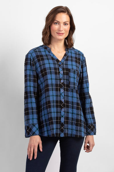 Habitat Modern plaid shirt in blue. blue and black plaid print, button down front, soft v-neck, long sleeves and relaxed fit. chest patch pocket. Cotton blend.
