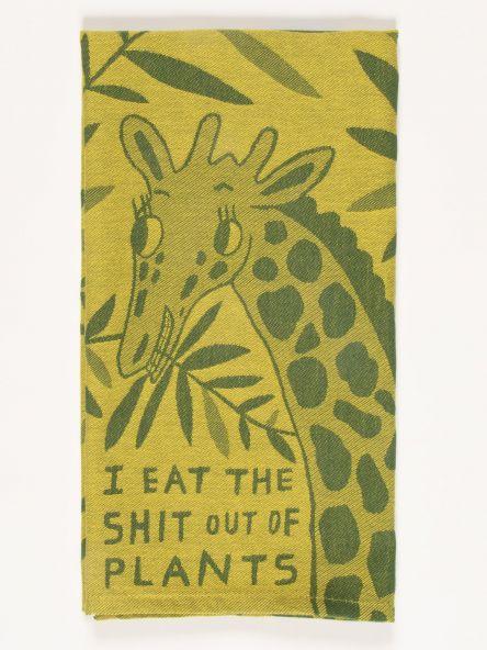 Yellow dsh towel with a green cartoonish giraffe eating green plants, wih text reading "I eat the sh*t out of plants."