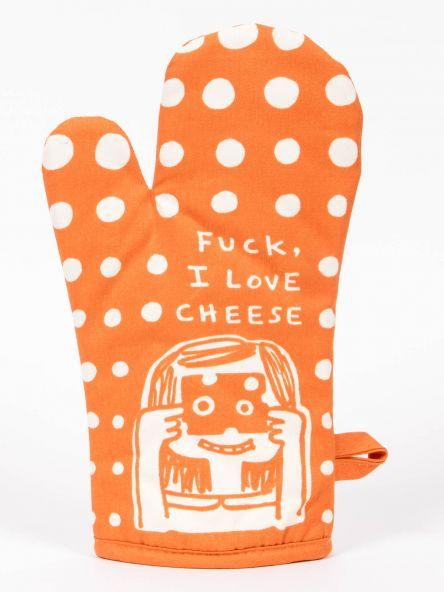 Orange oven mitt with white polkadots and a drawing of a girl holding a slice of cheese over her eyes and smiling. Has text that reads "F*ck. I love cheese."