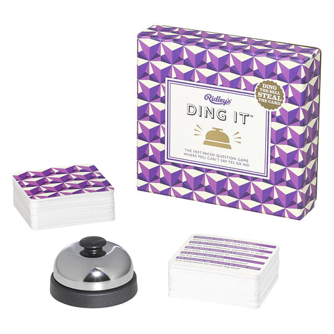 Box with a purple geometric pattern that says "Ding it." Displayed is a call bell as well as cards that have the same pattern as the box.