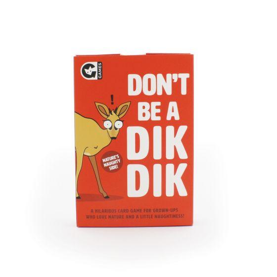Red box depicting a startled cartoon deer staring at the viewer. Text saying "Don't be a Dik Dik" in bold and in white.