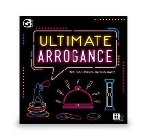 Black box with drawings of a call bell, hour glass, and person shouting, a;; stylized like neon signs. Text saying "Ultimate Arrogance" stylized like a neon sign.