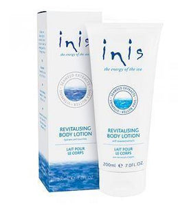 White squeezable tube container that says "Inis Revitalizing Body Lotion".