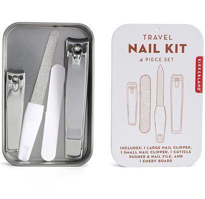Metallic tin with four tools: One large nail clipper, one small nail clipper, one cuticle pusher, one nail file.