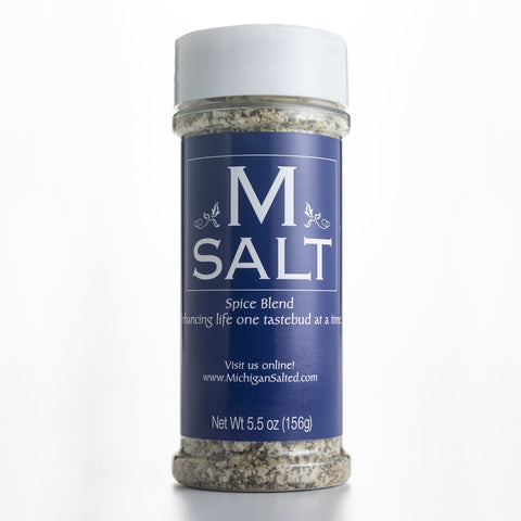 Salt shaker with a white cap, has a blue label titled M Salt.