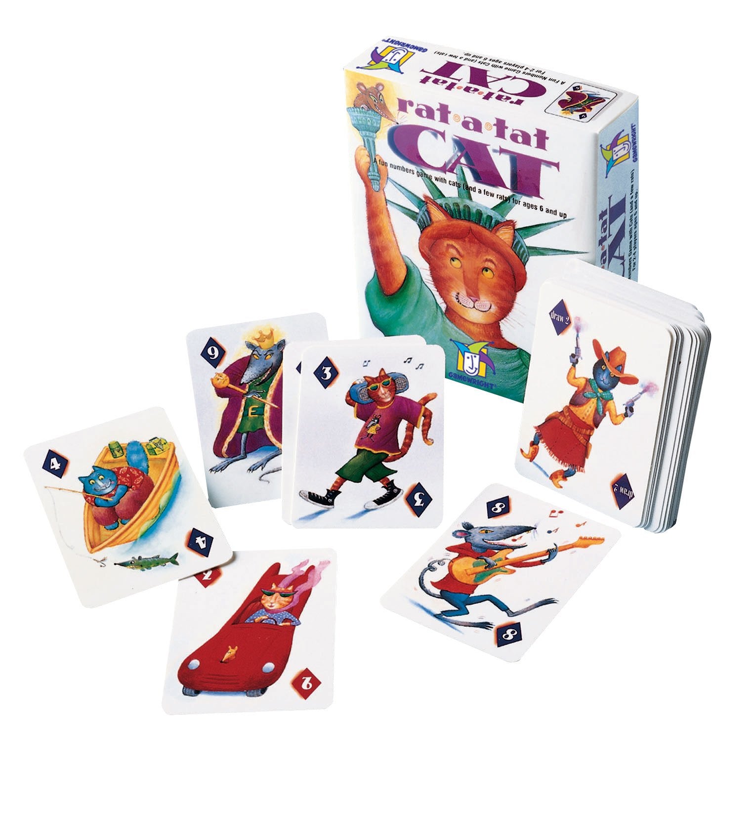White box depicting an anthropomorphic orange cat dressed as the Statue of Liberty. Displayed on the box is the text "Rat-a-tat Cat". Also displayed are several numbered cards of anthropomorphic cats in different costumes.