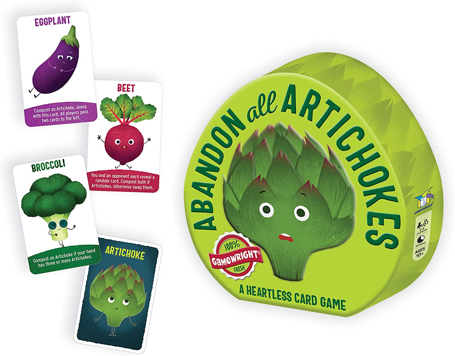 Green rounded box with a cartoon artichoke, displayed with text "Abandon all artichokes." Also displayed are cards of anthropomorphic vegetables.
