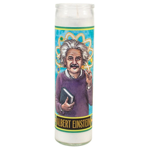 Tall white candle with an illustration of Albert Einstein.
