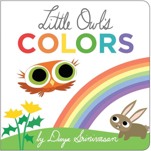 Little Owl's Colors. White cover with an owl, rabbit, and rainbow.