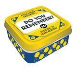 Tin box with a blue bottom with yellow polka dots and a yellow lid that says "Do you remember?"
