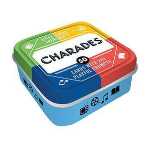 Tin box with a blue bottom and lid composed of 4 colored corners: red, blue, green, and yellow. In the center is the text "Charades".