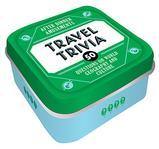Tin box with a blue bottom and green lid that says "Travel trivia".