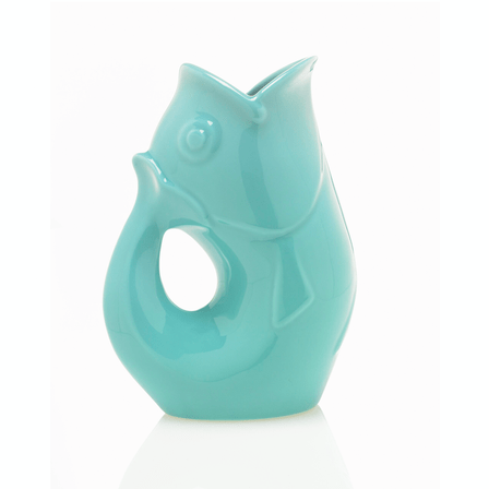 Baby blue fish shaped water vase with a handle.