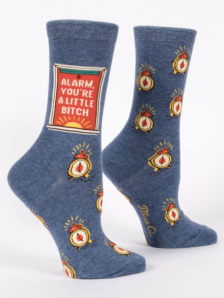 Blue crewsocks with alarm clock pattern and says "Alarm, you're a little b*tch"