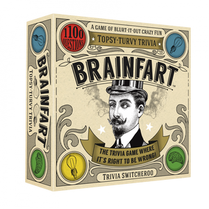 Brainfart Game. Box with vintage illustration of a man having steam come out of his ears.