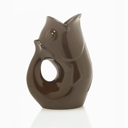 Brown fish shaped water vase with a handle.