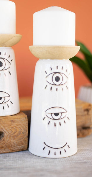 Ceramic Candle Holder with Eyes / Tall