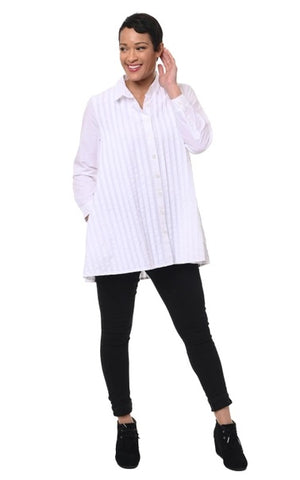 Tulip Clothing Robyn white cotton button down tunic top with pleating details and side pockets.