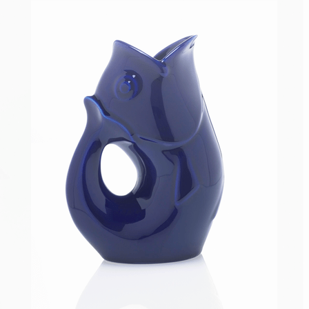 Cobalt Blue fish shaped water vase with a handle.
