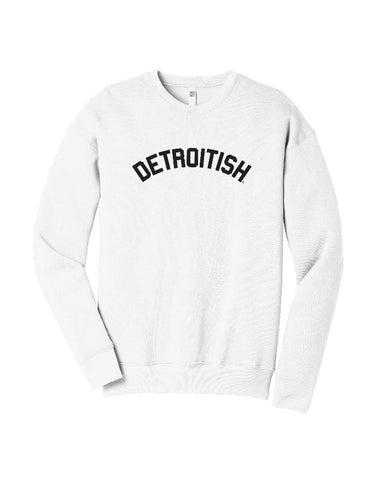 Ink Detroit White Crewneck Sweatshirt with "Detroitish" printed across the chest in black ink.