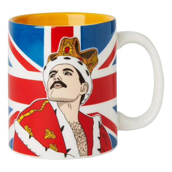 Mug with Freddie Mercury posed in front of the flag of the United Kingdom.