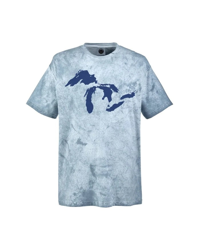 Ink Detroit Blasted Blue T-Shirt with Great Lakes printed across the chest in blue ink.  Tie-dye, Michigan.