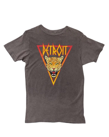 Ink Detroit DET Leppard T-shirt. Short sleeve, mineral washed gray tee with DEF Leppard stylized "Detroit" printed above a roaring leopard on the chest.