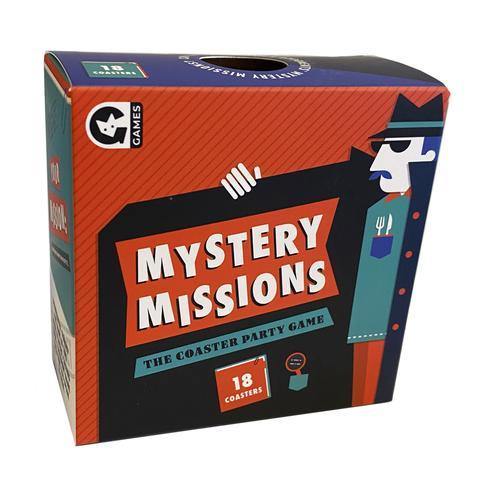 Mystery Missions Coaster Game. Black box with  a cartoon man opening his trench coat in a secretive way.