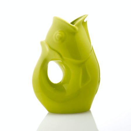Kiwi yellowgreen fish shaped water vase with a handle.