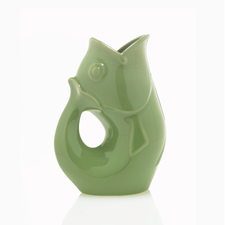 Moss green fish shaped water vase with a handle.