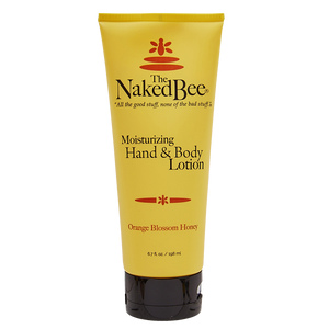 The Naked Bee yellow squeeze bottle with moisturizing hand and body lotion in the scent Orange Blossom Honey.