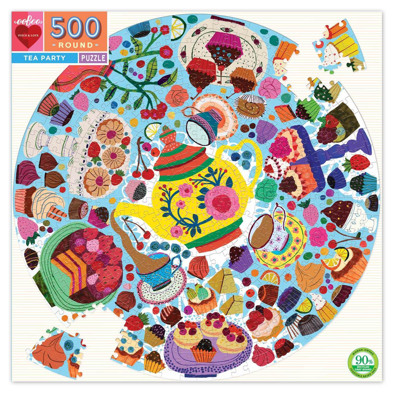 Circular blue puzzle filled with tea party motifs such as a tea pot, various pastries, and teacups.