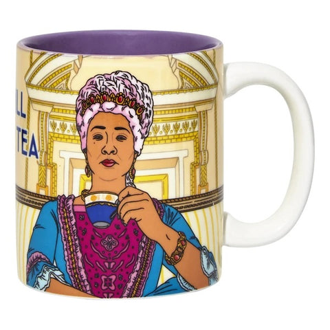 Mug with Queen Charlotte from the show Bridgerton drinking tea.