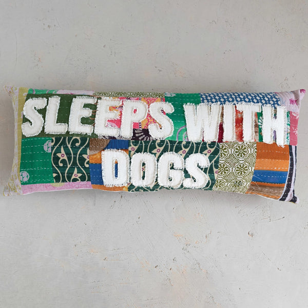 "Sleeps With Dogs" Vintage Kantha Patchwork Pillow