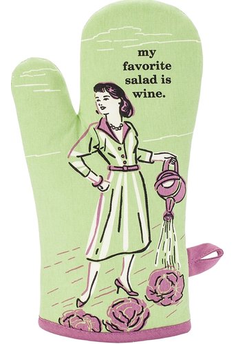 Light green oven mitt with light purple accents. Has a drawing of a woman watering lettuce, has text that reads "My favorite salad is wine."