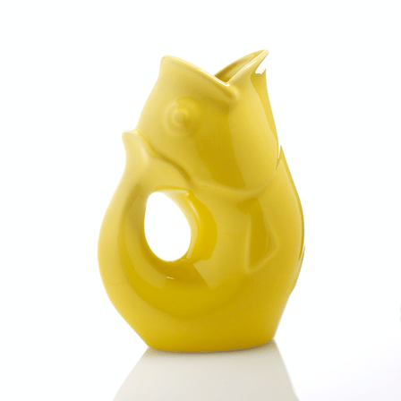 Sunflower yellow fish shaped water vase with a handle.