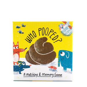 Yellow box with cartoon animals at a pile of poop in the center. Displayed above the pile is the text "Who pooped?"