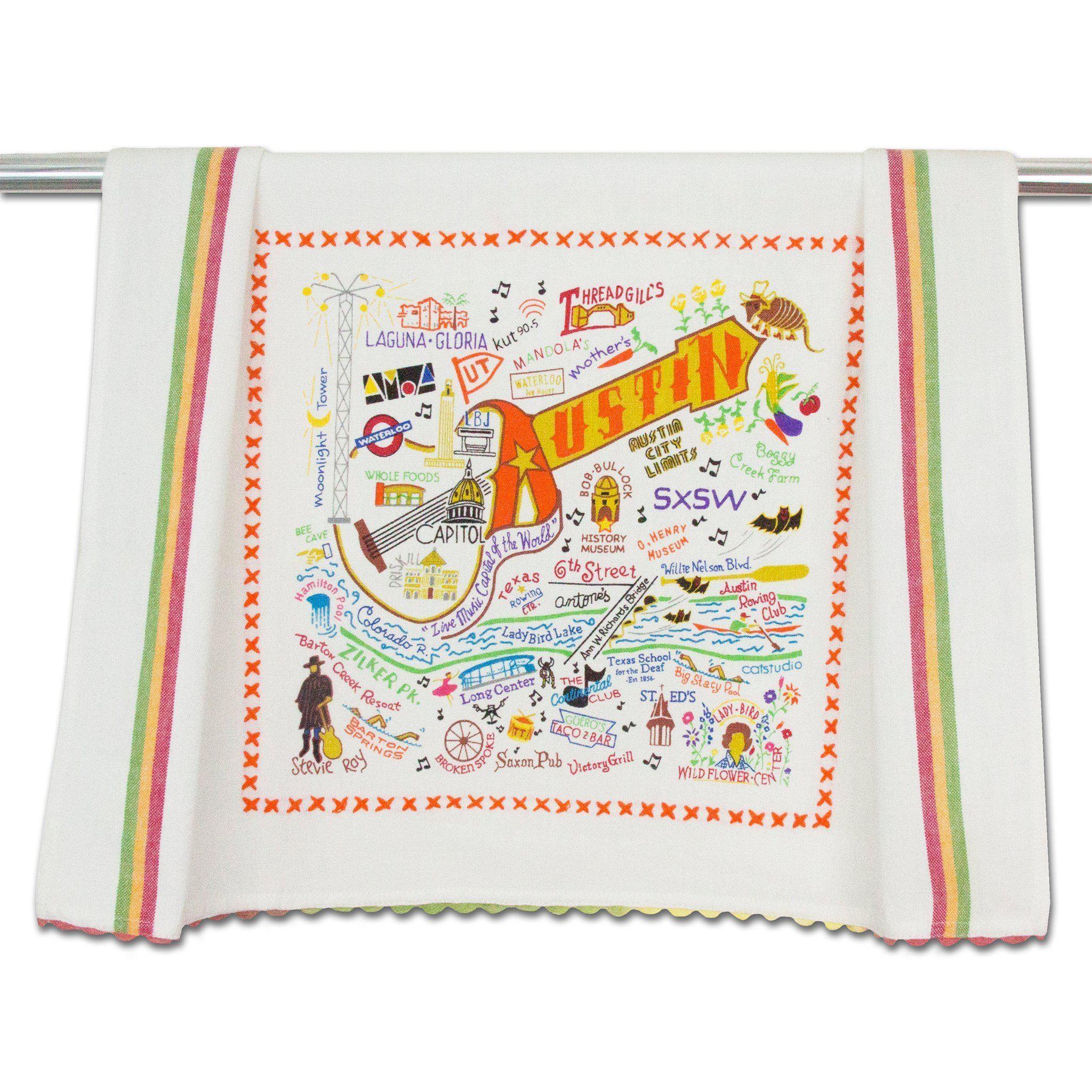 Embroidered Geography Dish Towel Austin