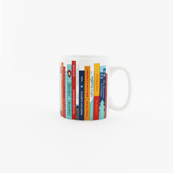 White mug with various book titles stylized like a shelf.