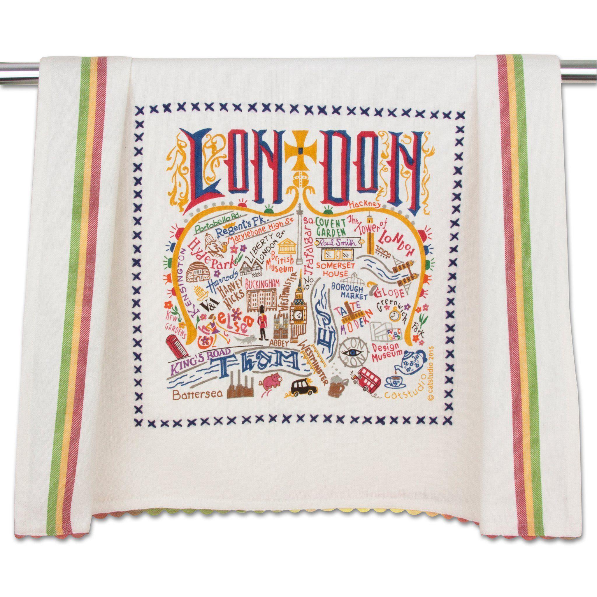 Embroidered Geography Dish Towel London
