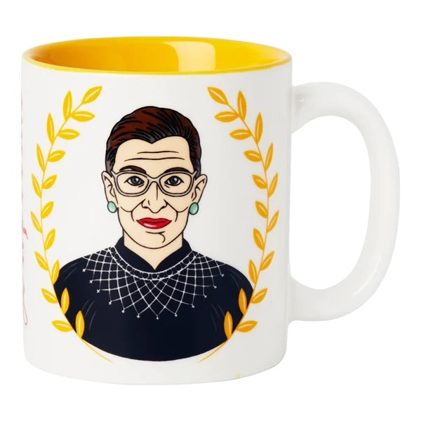 White mug with Ruth Bader Ginsburg.