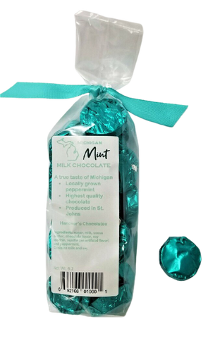 Plastic bag filled with mint flavored chocolate. Tied with a cyan ribbon.
